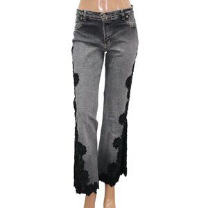 Gray Bootcut Flare Jeans with Black Lace Appliqué Trim 30
